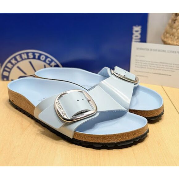 Birkenstock Madrid Big Buckle Baby Blue Natural Leather Patent Sandals EU 40 NIB - Picture 1 of 13